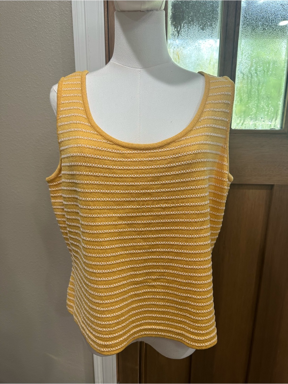 St. John Yellow White Striped Knit Sleeveless Tank Top Size L